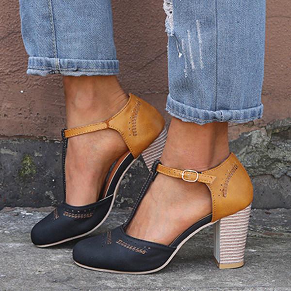 Women's T-Strap Block Heel Mary Jane Shoes Two-Tone