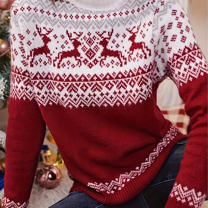 Women's Fair Isle Reindeer Knit Sweater with Ribbed Cuffs