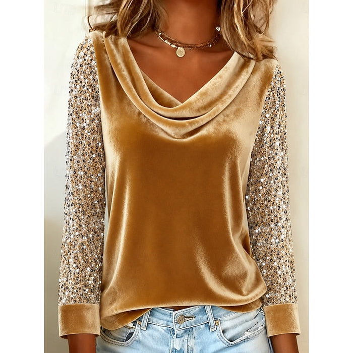 Women's Cowl-Neck Top with Sequin Sleeves