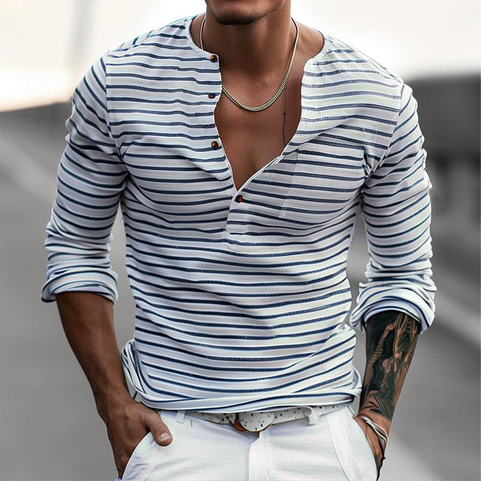 Men's Striped Henley Shirt Long Sleeve Button Placket
