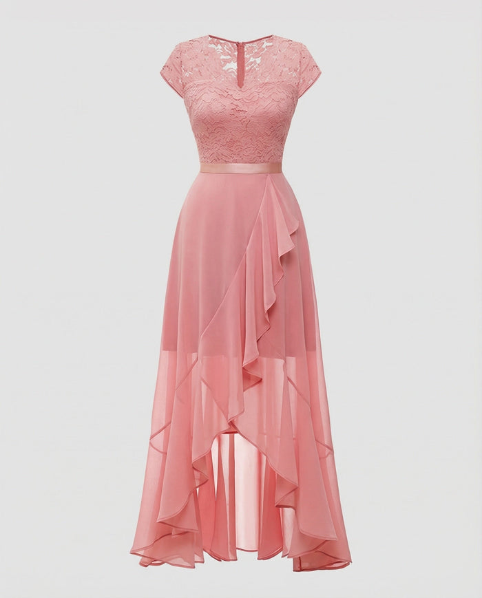 Women's Lace V-Neck High-Low Hem Dress Cap Sleeve