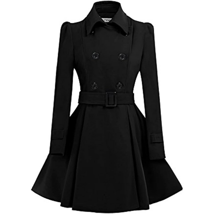 Women's Double-Breasted Peacoat with Belt and Flared Skirt