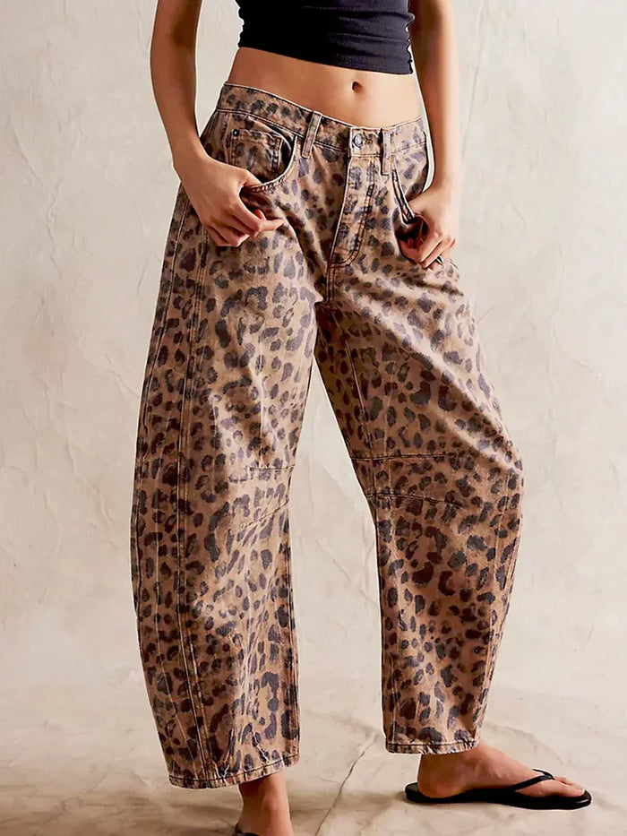 Women's Leopard Print Barrel-Leg Jeans Mid-Rise
