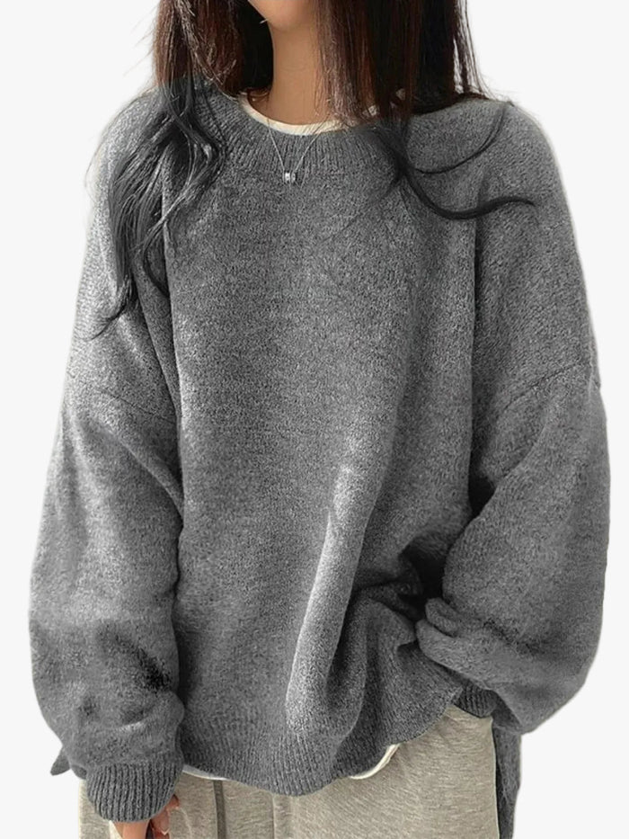 Women's Crewneck Sweater with Drop Shoulders and Side Slits