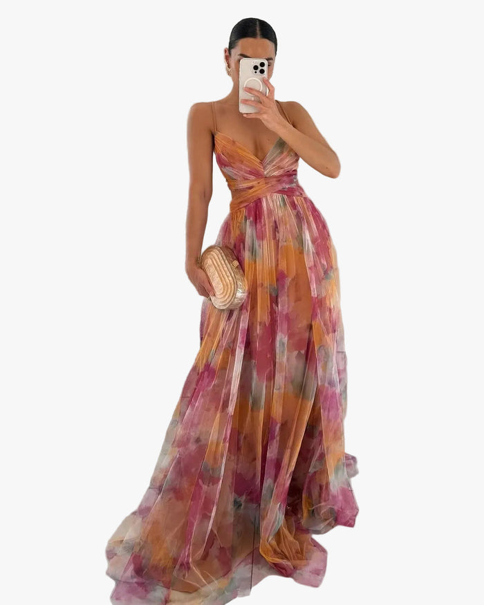 Women's Watercolor Print Maxi Dress with Wrap Bodice