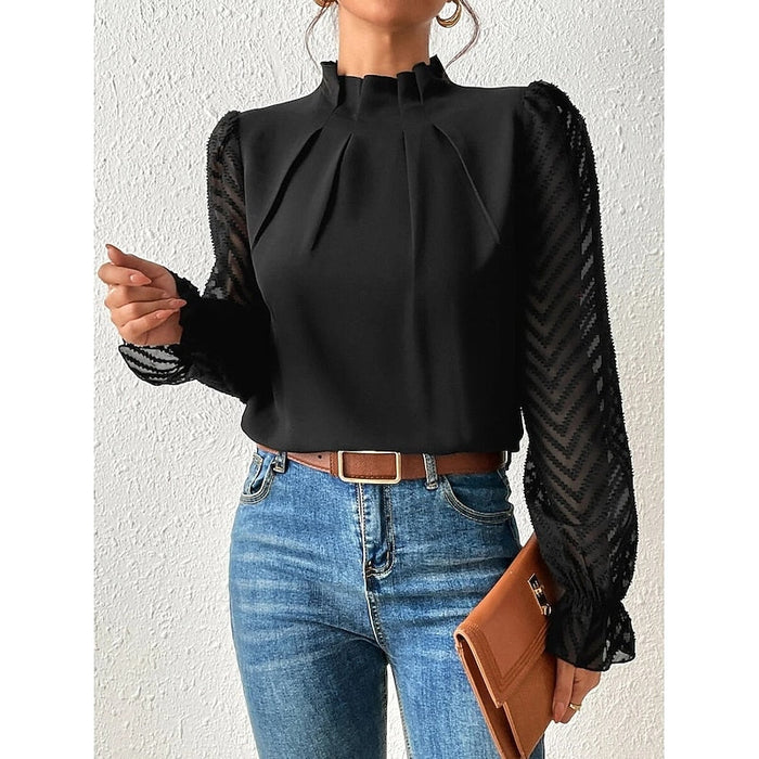 Women's High-Neck Blouse with Textured Sheer Sleeves